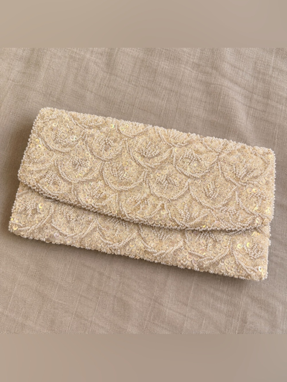 Vintage Hand Beaded Ivory Clutch Bag - Made in Hong Kong